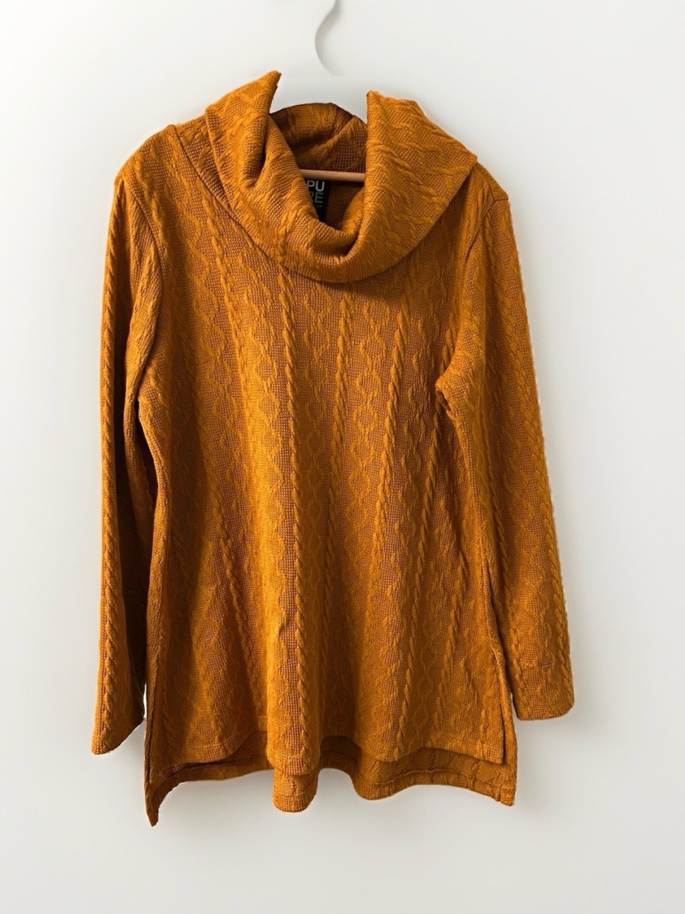 PURE Canada Mustard Yellow Cable Knit Cowl Neck Tunic Sweater BohoCozy Sz LG